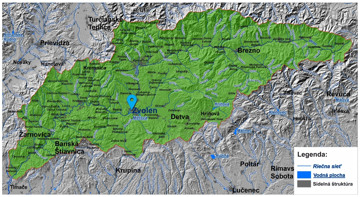 mapa správy povodia Stredného Hrona Zvolen