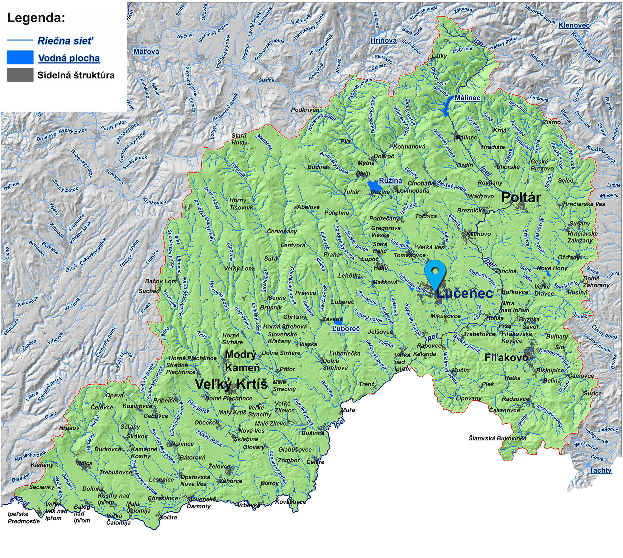 mapa správy povodia horného Ipľa Lučenec